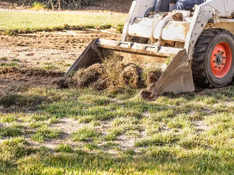 A skid steer working a grassy lot